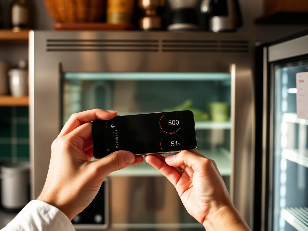 Operatore di un bar che registra la temperatura del frigo dal telefono
