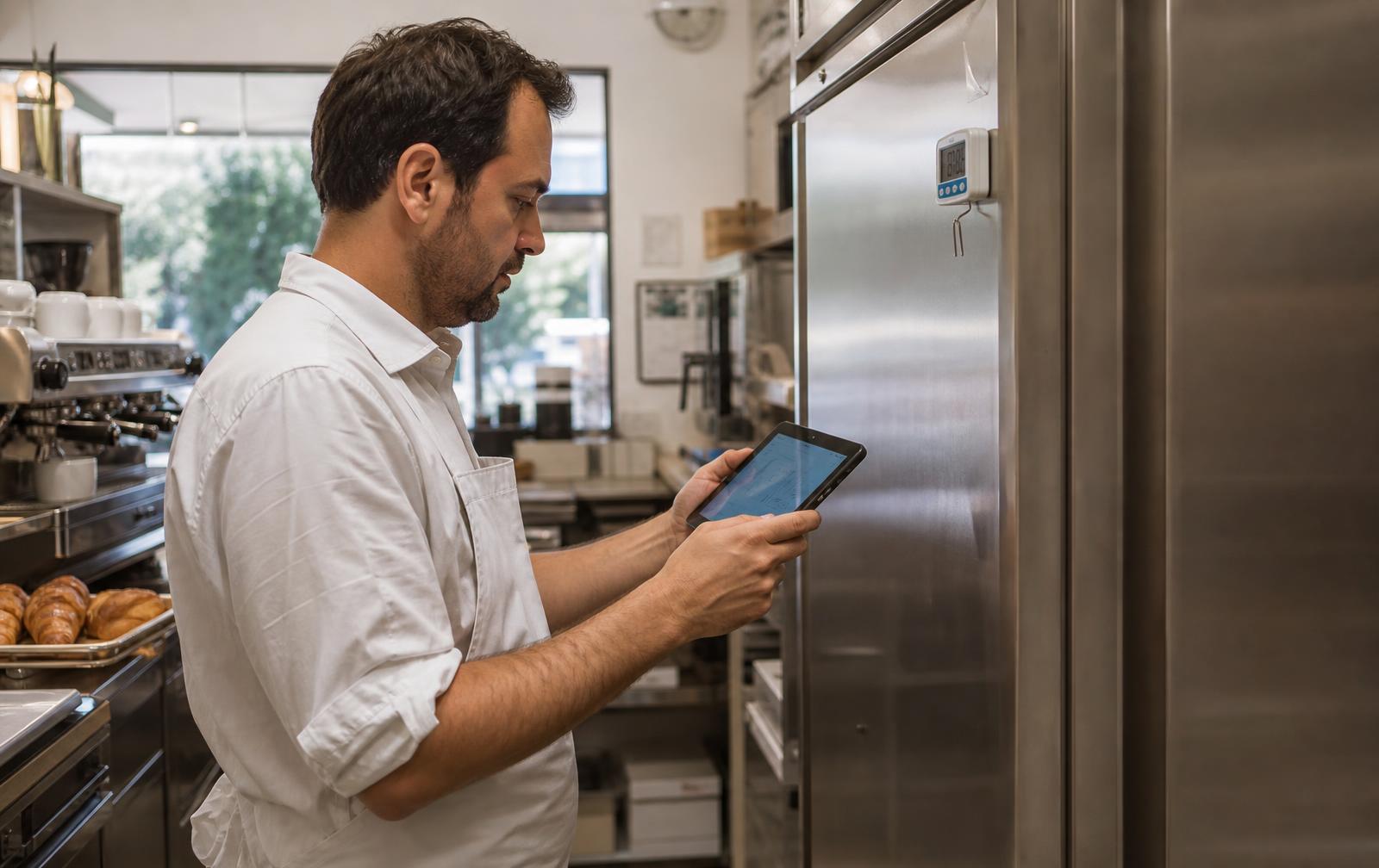Titolare di un bar italiano che registra la temperatura del frigo da tablet